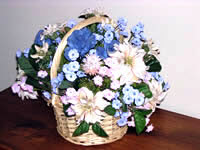 Basket of blue and white flowers